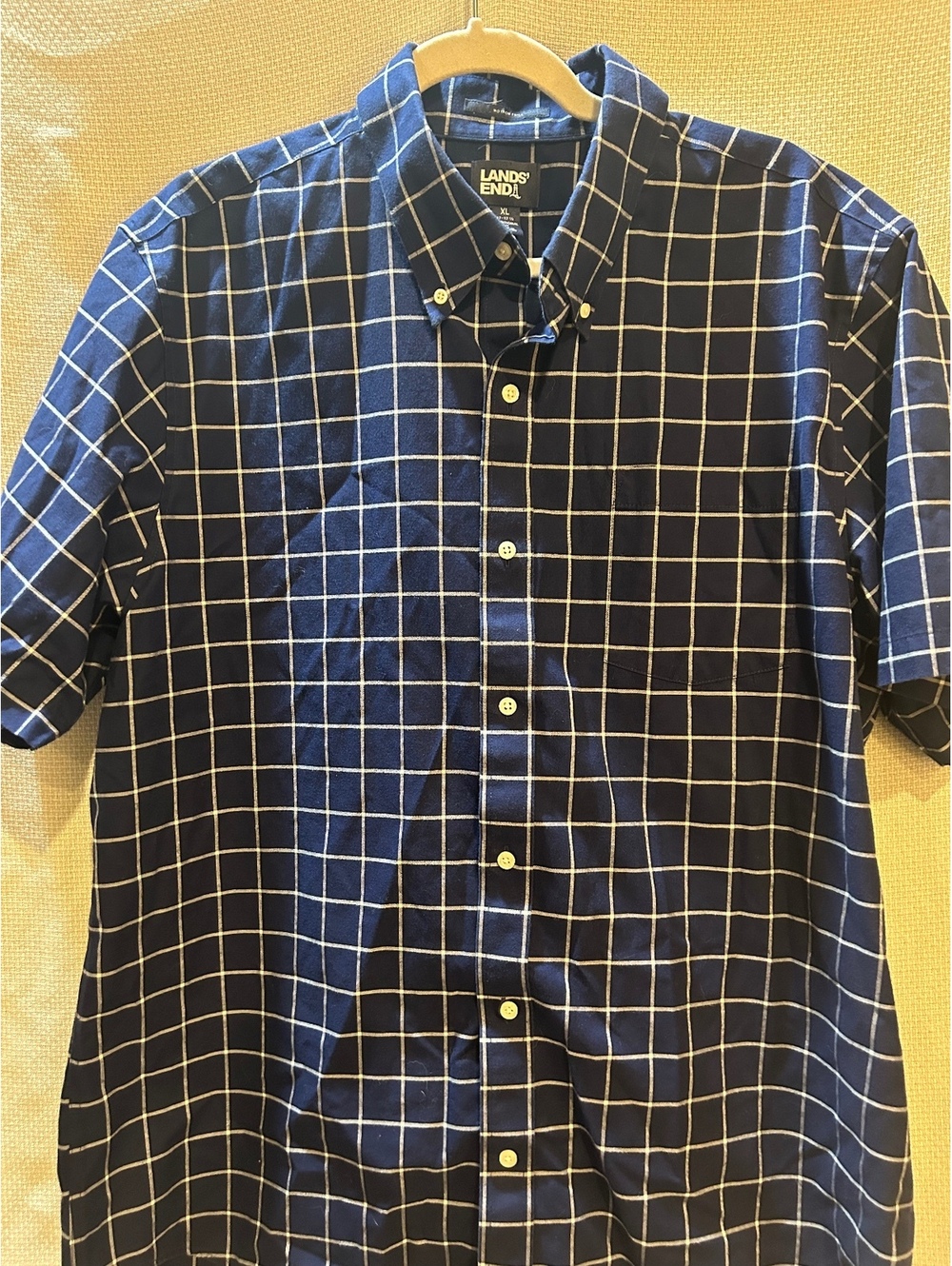 Lands' End Men's XL Traditional Fit Navy Blue Checkered Short Sleeve Button-Down